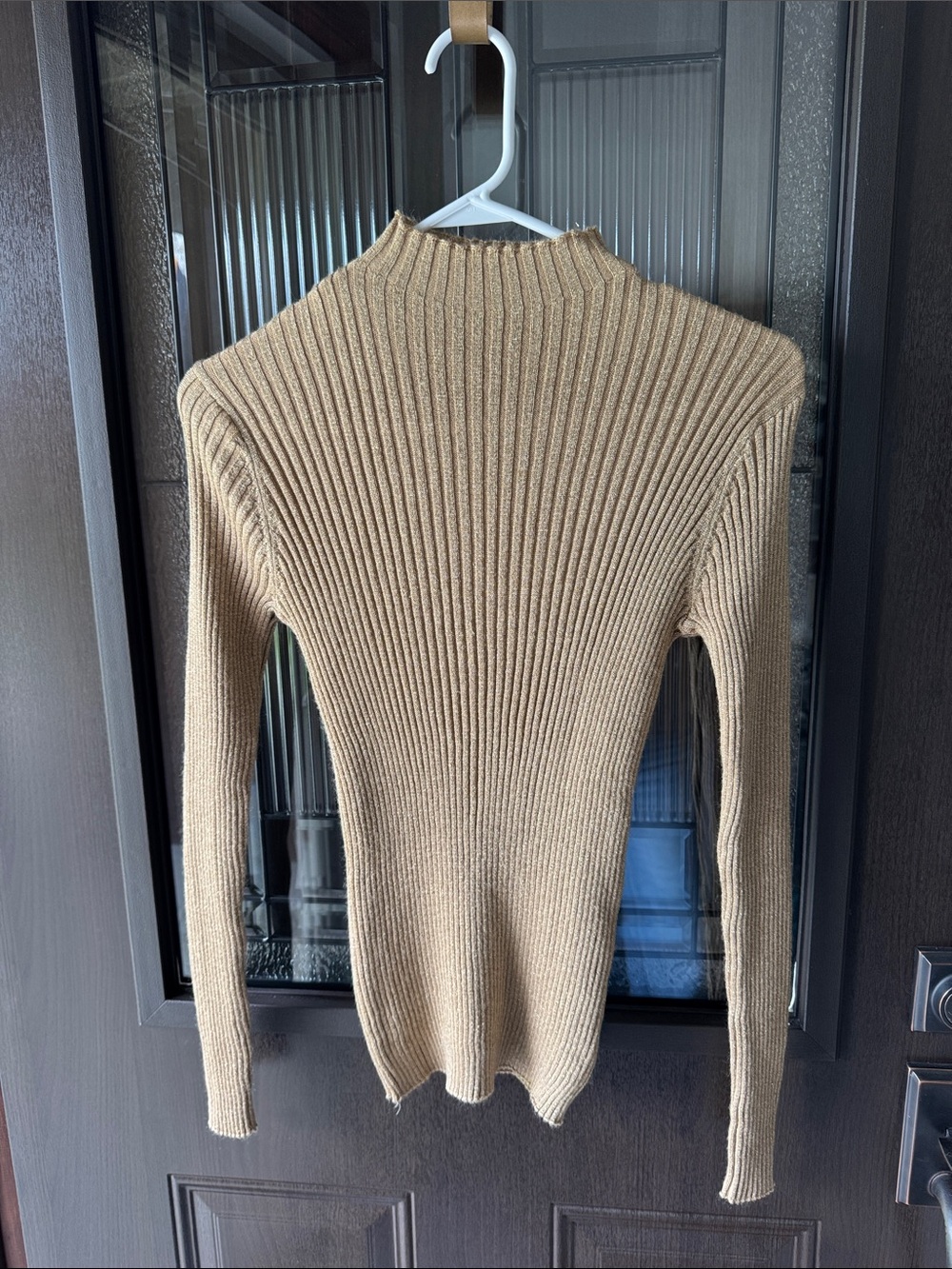 Ribbed Long-Sleeve Mock Neck light weight sweater  in Camel